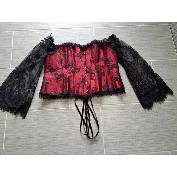 Gothic Red & Black Lace Off-Shoulder Corset Top Bell Sleeves Bustier Blouse 7XL - Picture 8 of 12